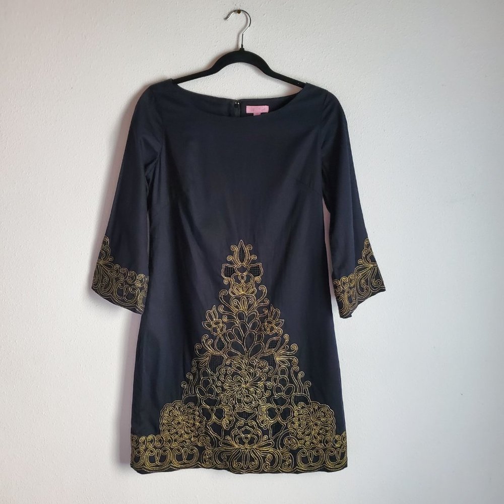 Lilly Pulitzer Black Shift Dress with Gold Embroidered Trim